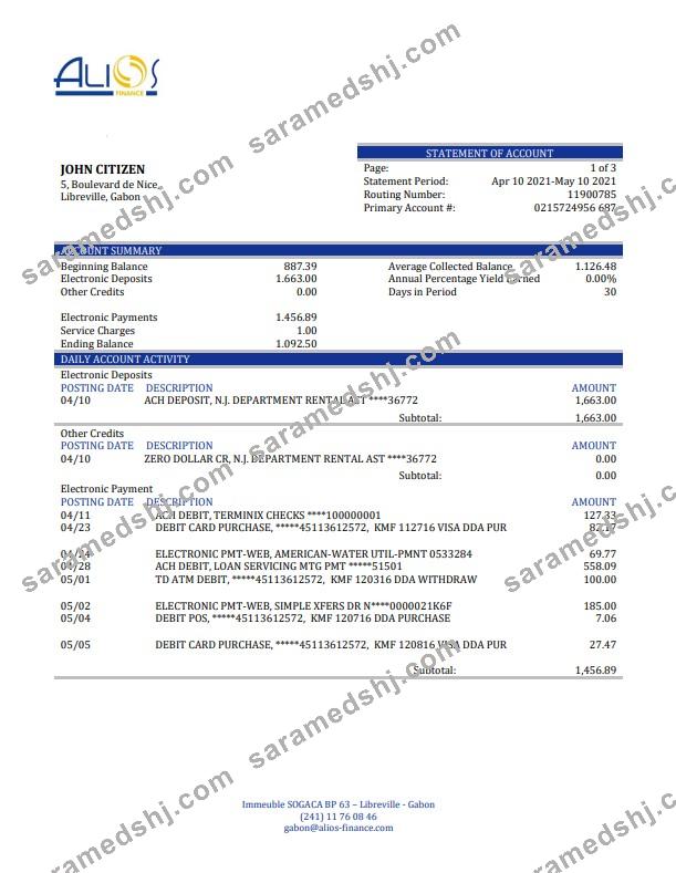Gabon Alios Finance bank statement template, Word and PDF format